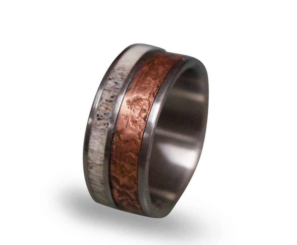 Titanium Ring: Deer Antler & Hammered Copper Inlay
