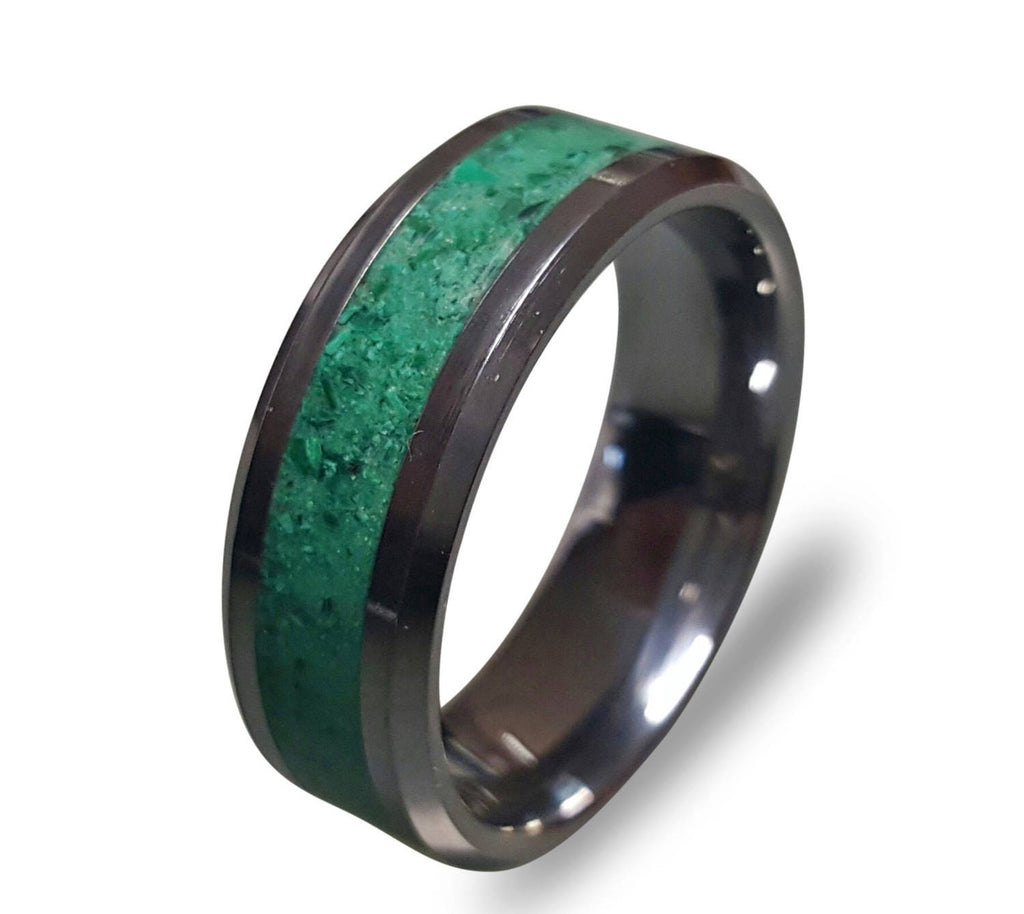 Tungsten Carbide Ring: Glow in the Dark Powder, Malachite Inlay