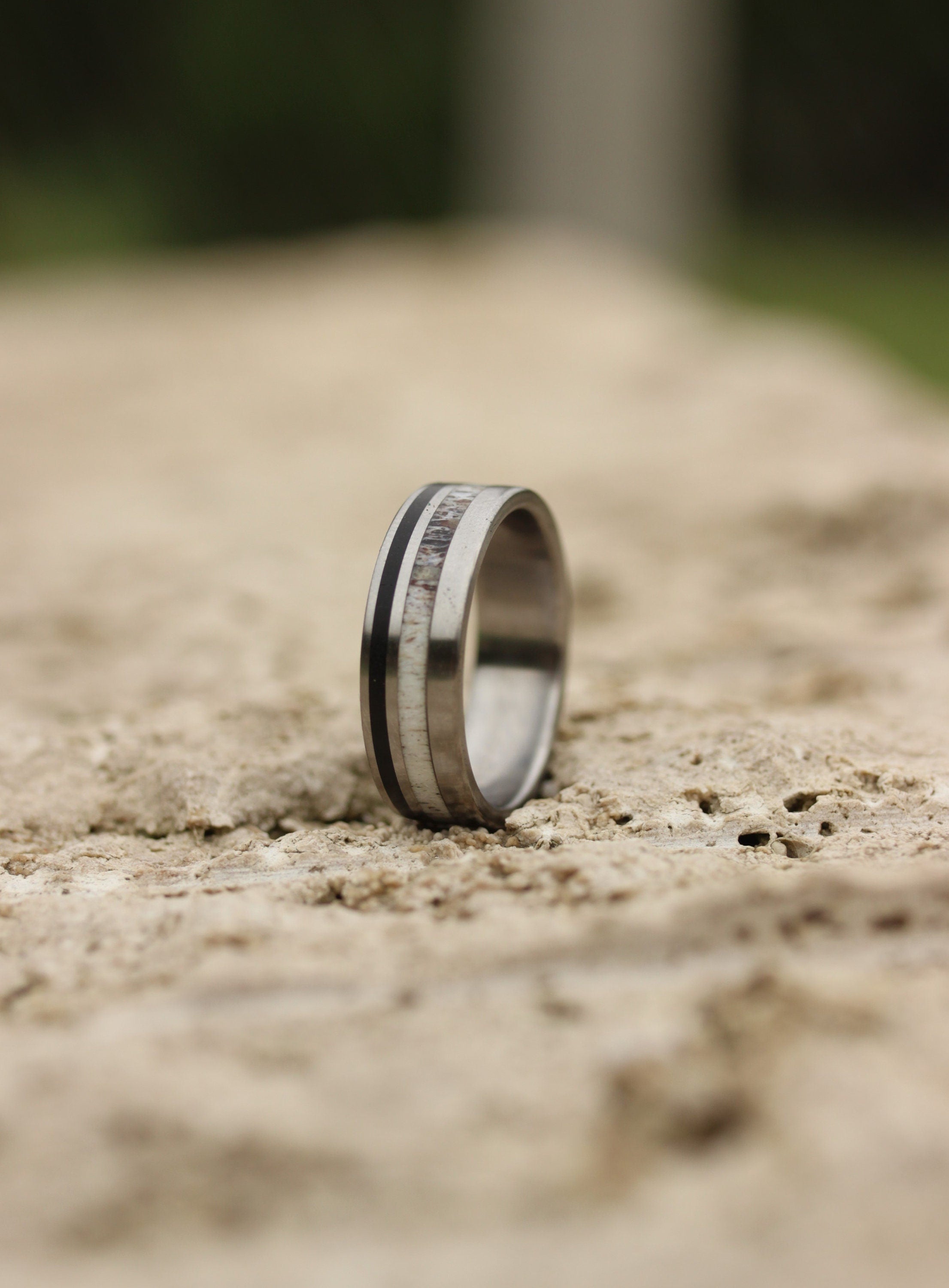 Titanium Ring: Ebony Wood & Deer Antler Inlay Wedding Band