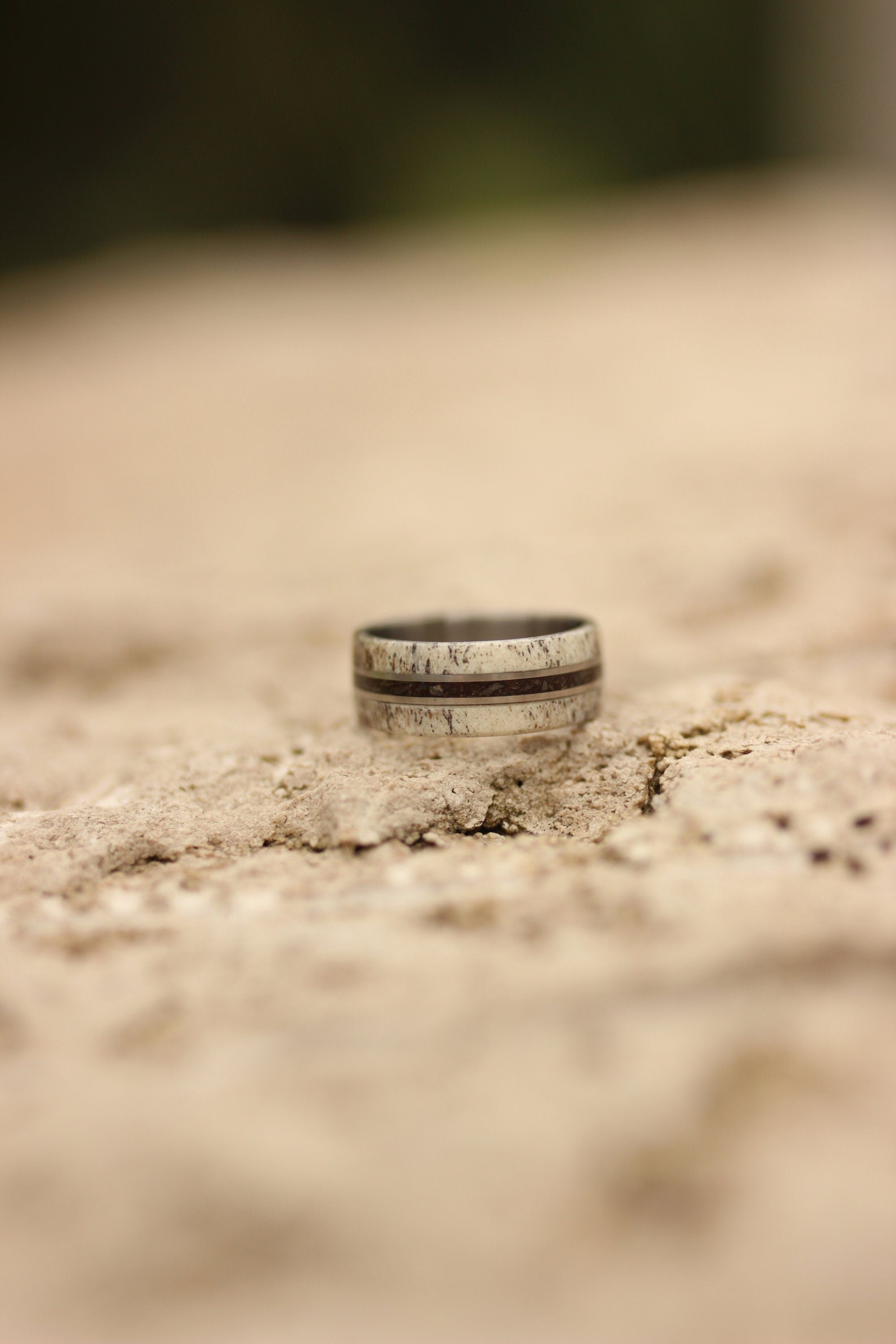 Titanium Wedding Band: Deer Antler & Dinosaur Fossil Inlay Ring