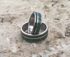 Handmade Titanium Ring Set: Ebony Wood & Malachite Inlay