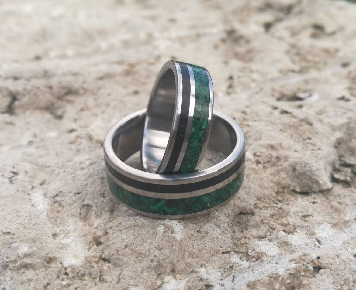 Handmade Titanium Ring Set: Ebony Wood & Malachite Inlay