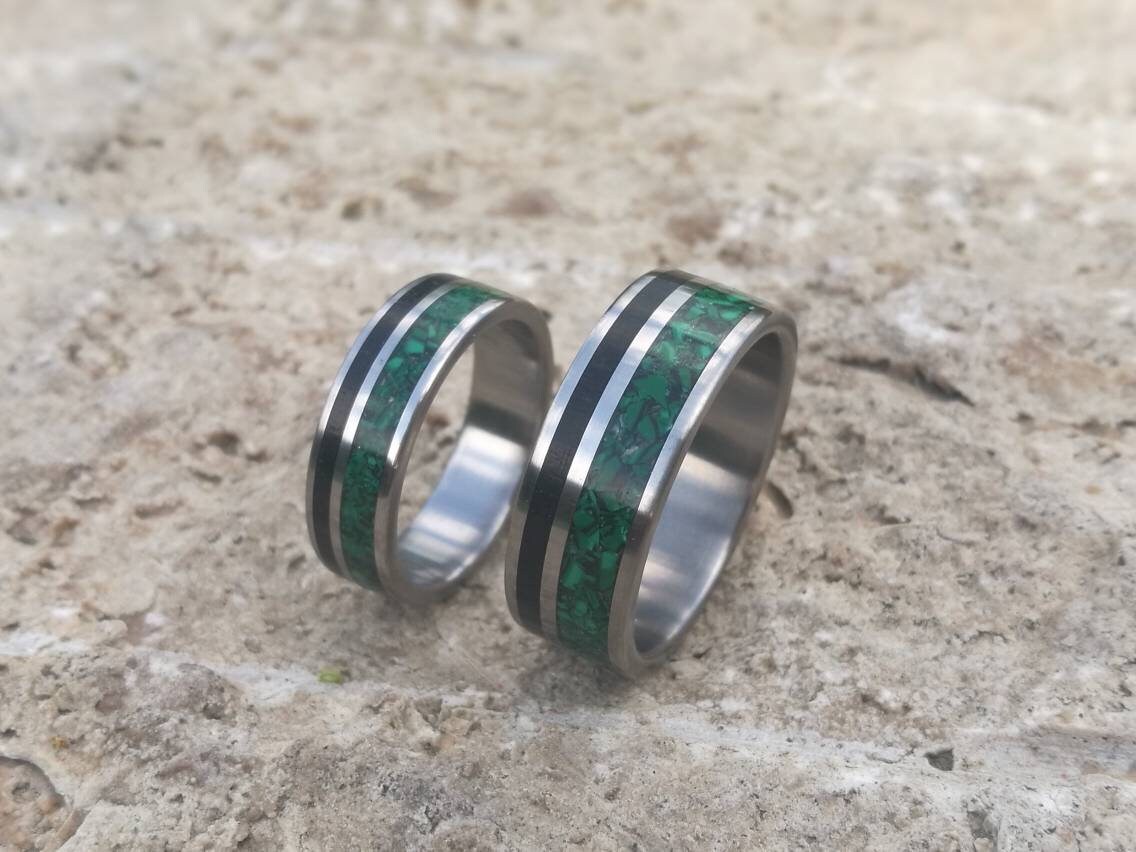 Handmade Titanium Ring Set: Ebony Wood & Malachite Inlay