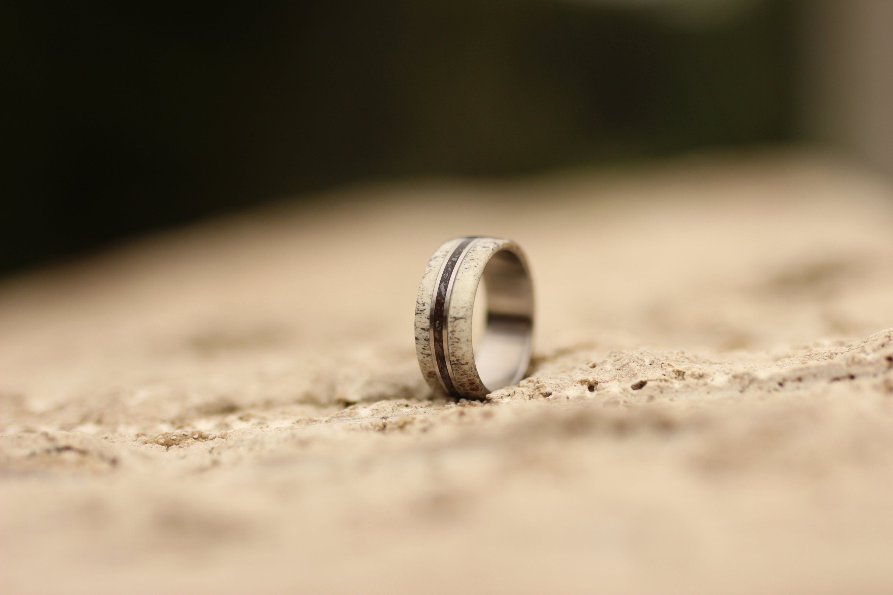 Titanium Wedding Band: Deer Antler & Dinosaur Fossil Inlay Ring