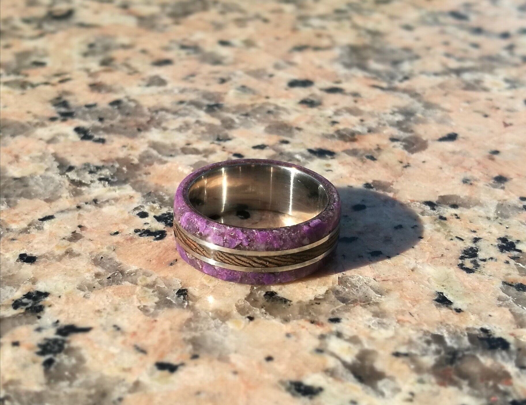 Custom Titanium Wedding Ring: Wenge Wood & Amethyst Inlay