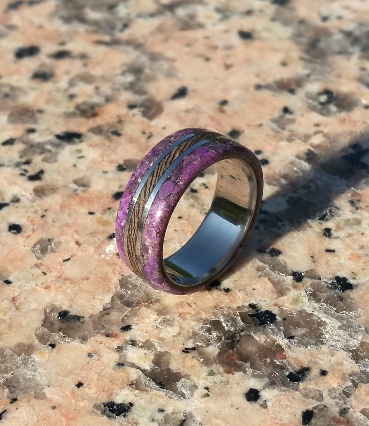 Custom Titanium Wedding Ring: Wenge Wood & Amethyst Inlay