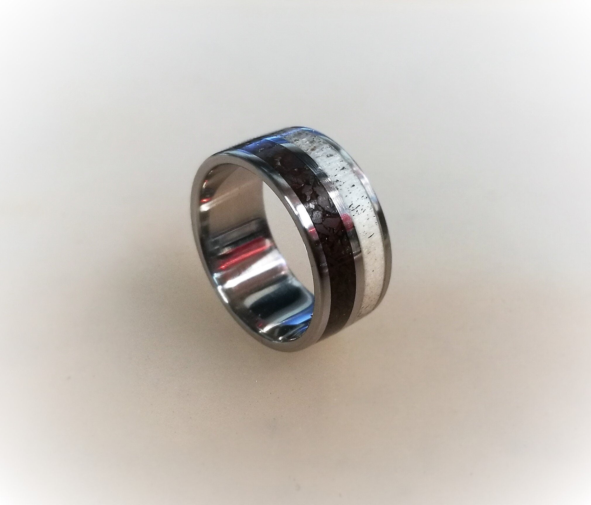 Titanium Wedding Band: Deer Antler & Dinosaur Fossil Inlay