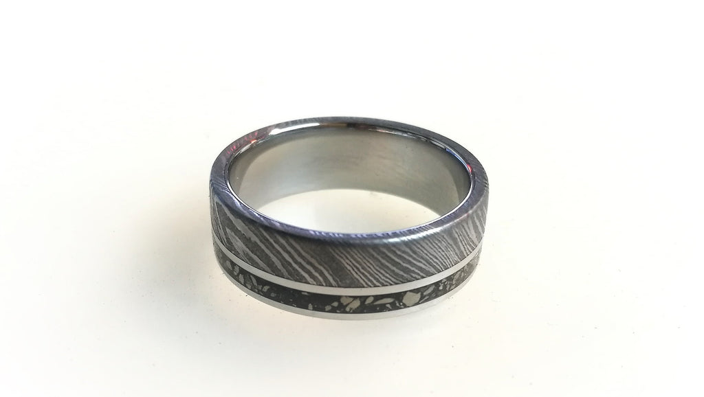 Damascus Steel & Titanium Wedding Band with Pyrite Inlay