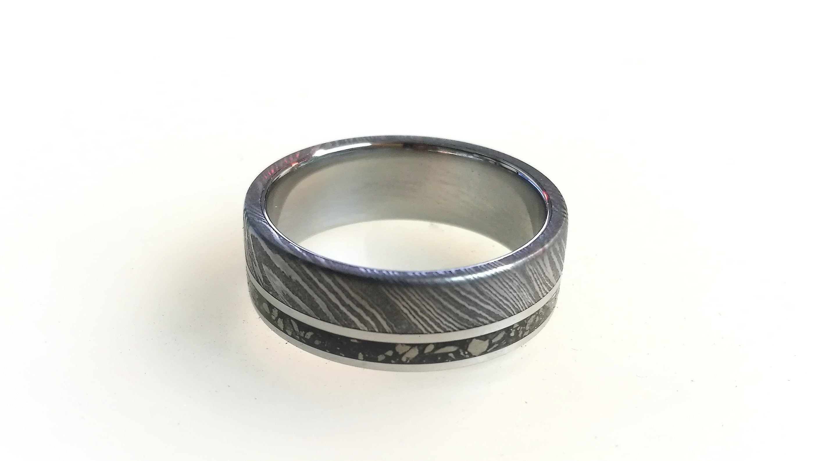Damascus Steel & Titanium Wedding Band with Pyrite Inlay