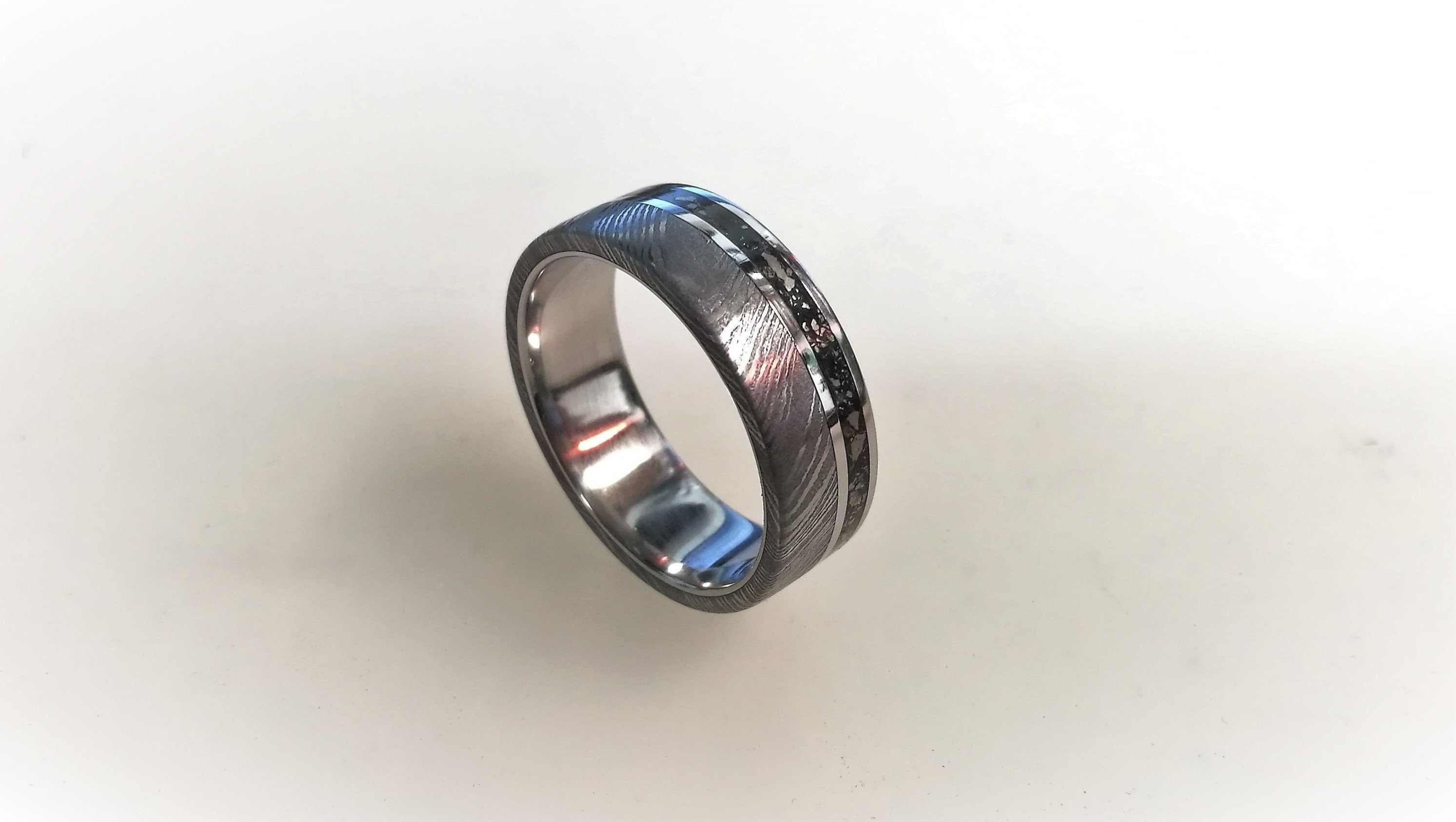 Damascus Steel & Titanium Wedding Band with Pyrite Inlay