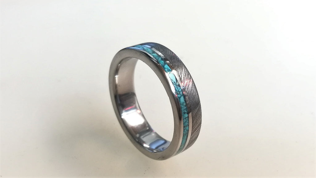 Damascus Steel Engagement Ring: Titanium Ring with Turquoise Inlay