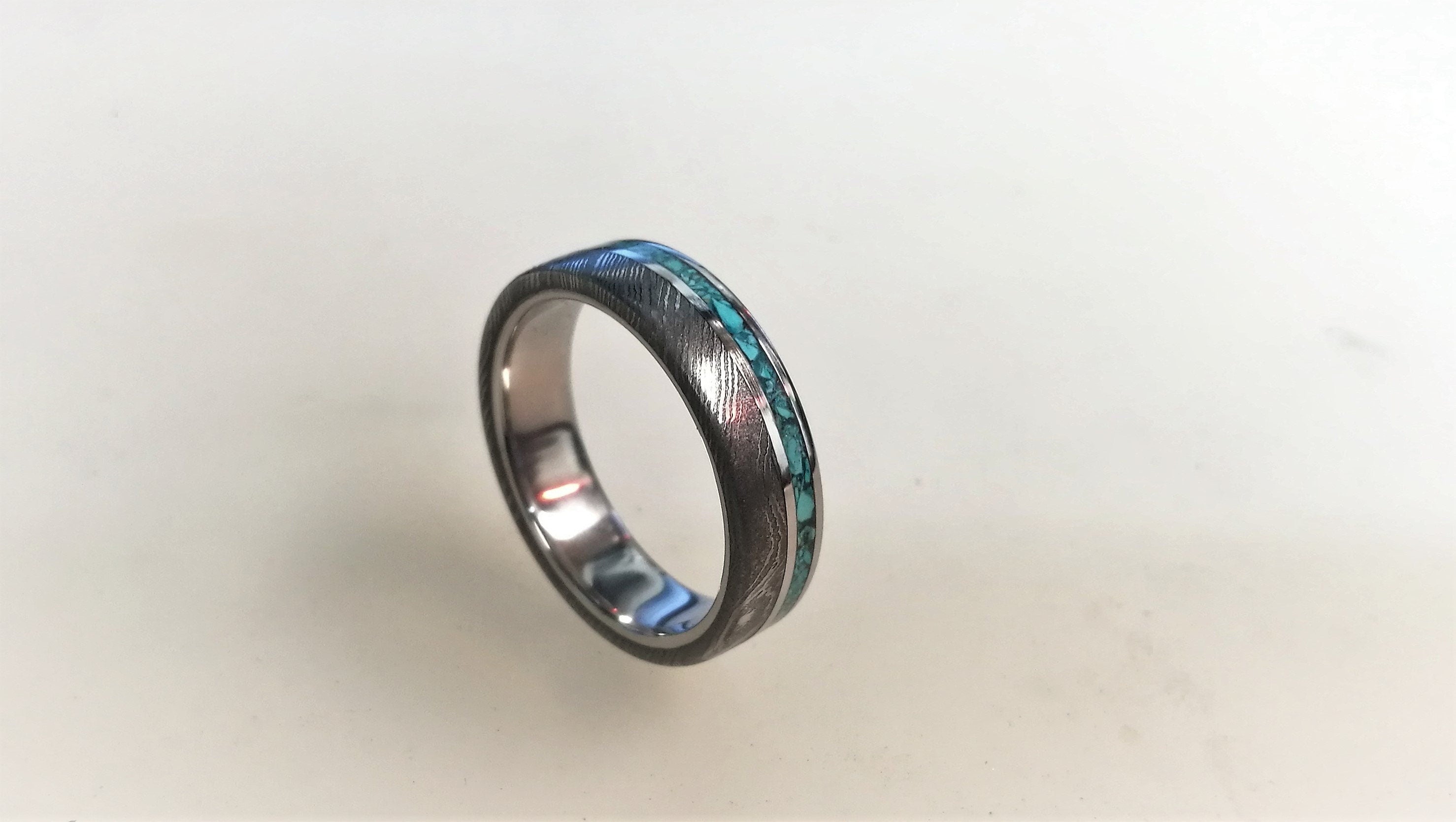 Damascus Steel Engagement Ring: Titanium Ring with Turquoise Inlay