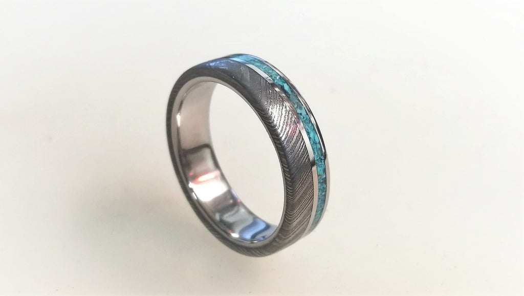 Damascus Steel Engagement Ring: Titanium Ring with Turquoise Inlay