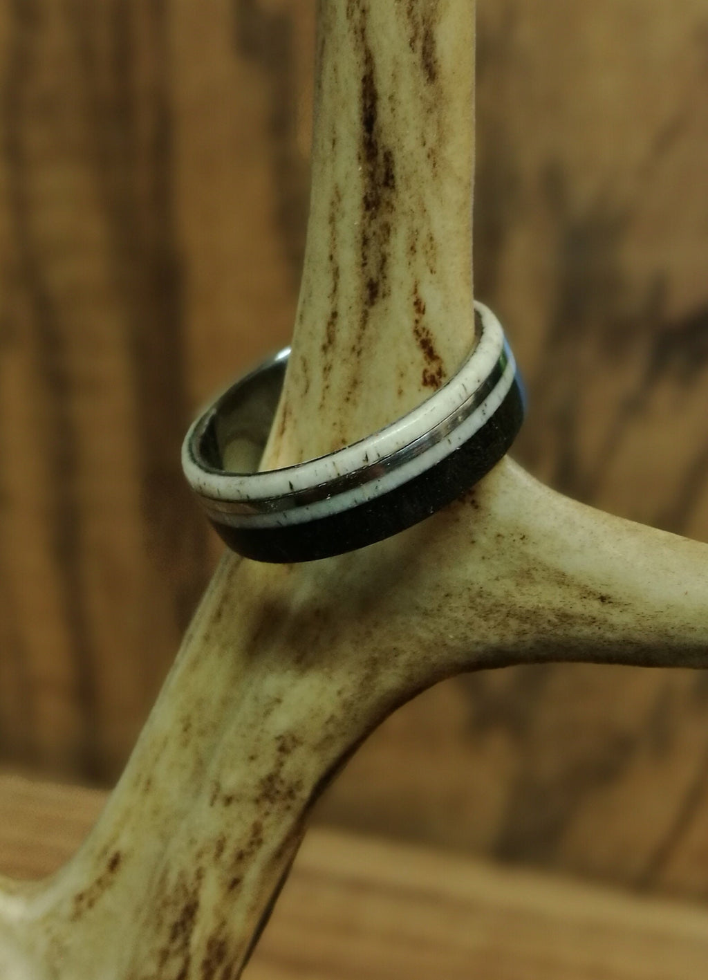 Titanium Ring: Ebony Wood & Deer Antler Inlay, Mens Wedding Band