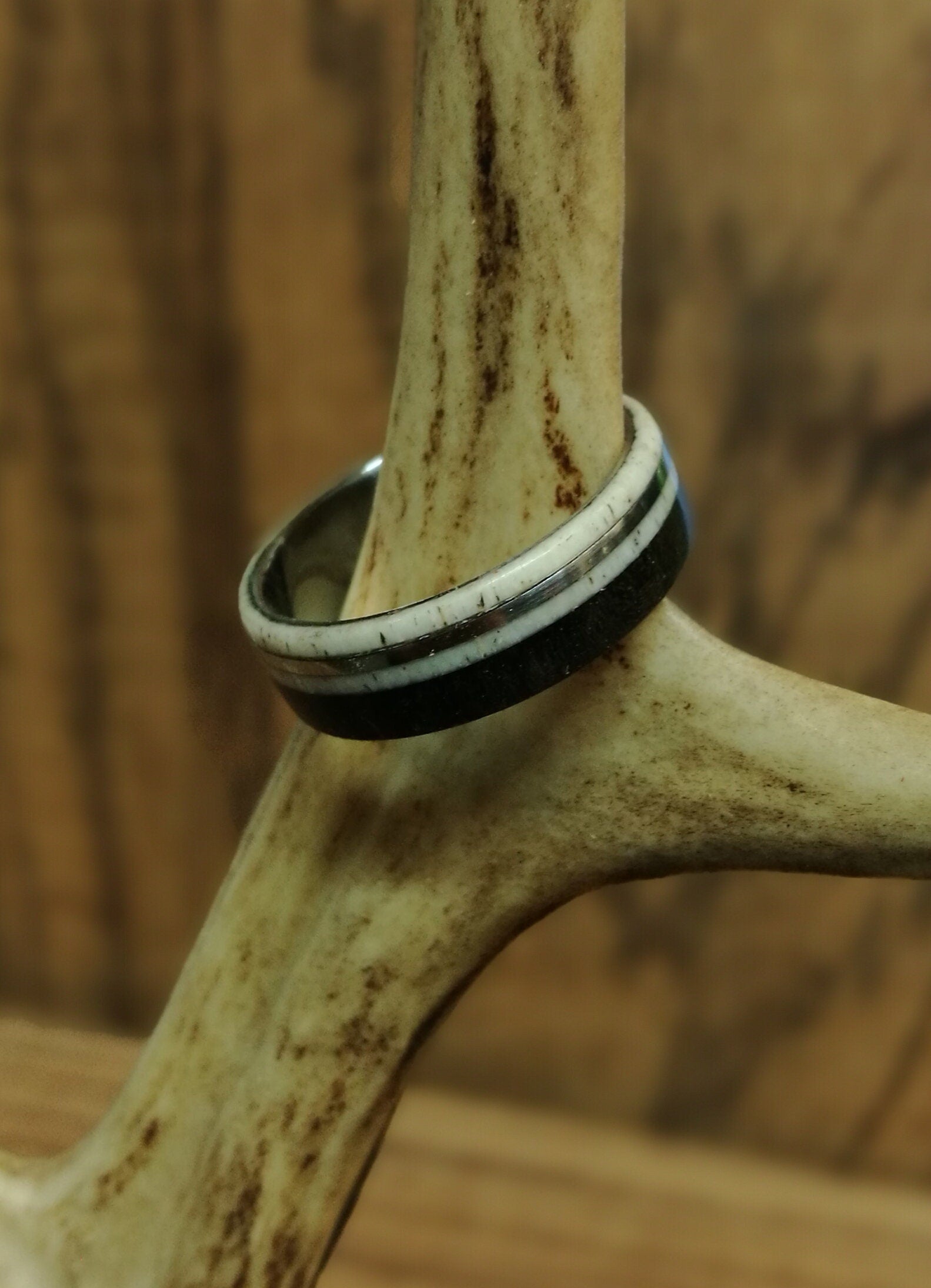 Titanium Ring: Ebony Wood & Deer Antler Inlay, Mens Wedding Band