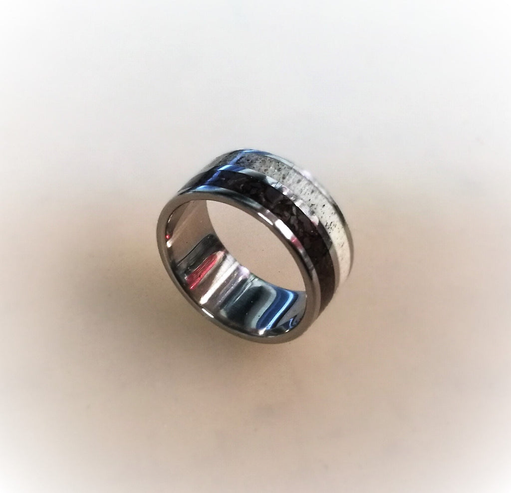 Titanium Wedding Band: Deer Antler & Dinosaur Fossil Inlay