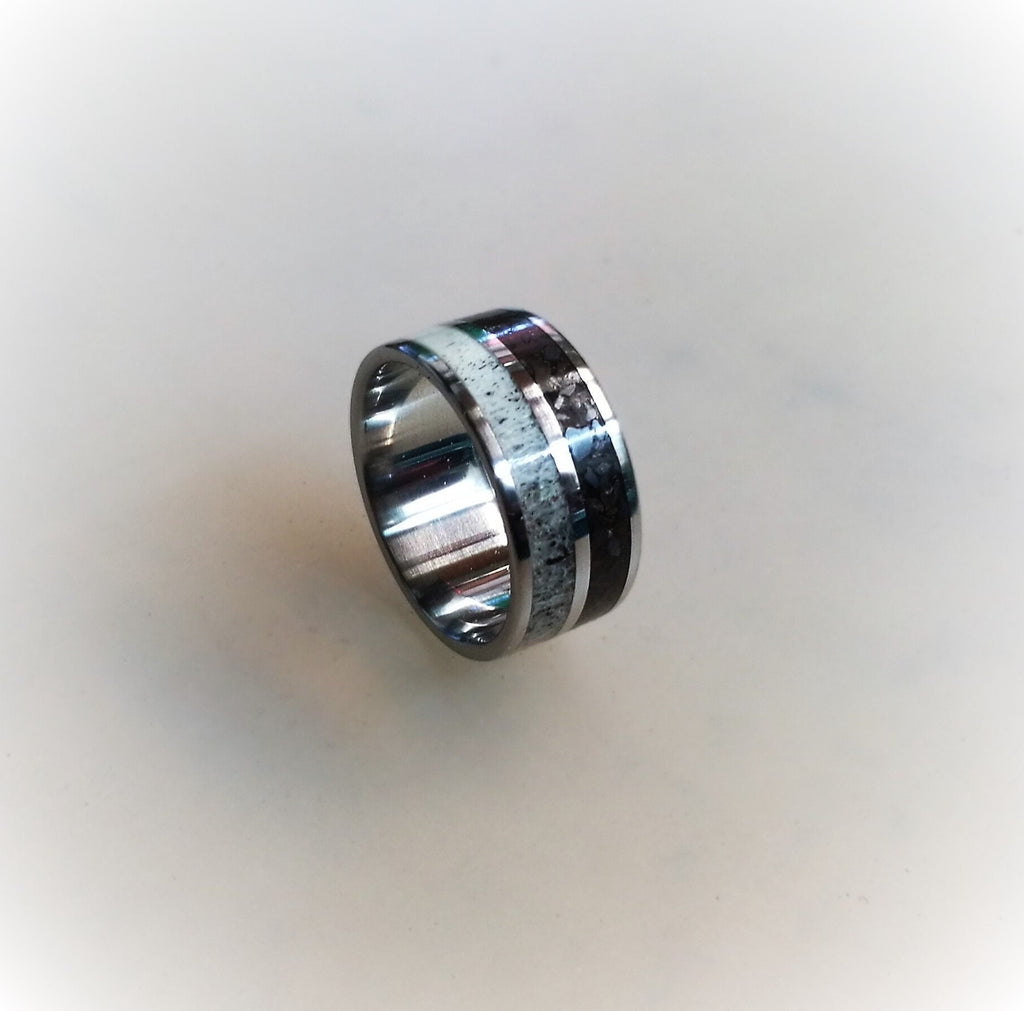 Titanium Wedding Band: Deer Antler & Dinosaur Fossil Inlay