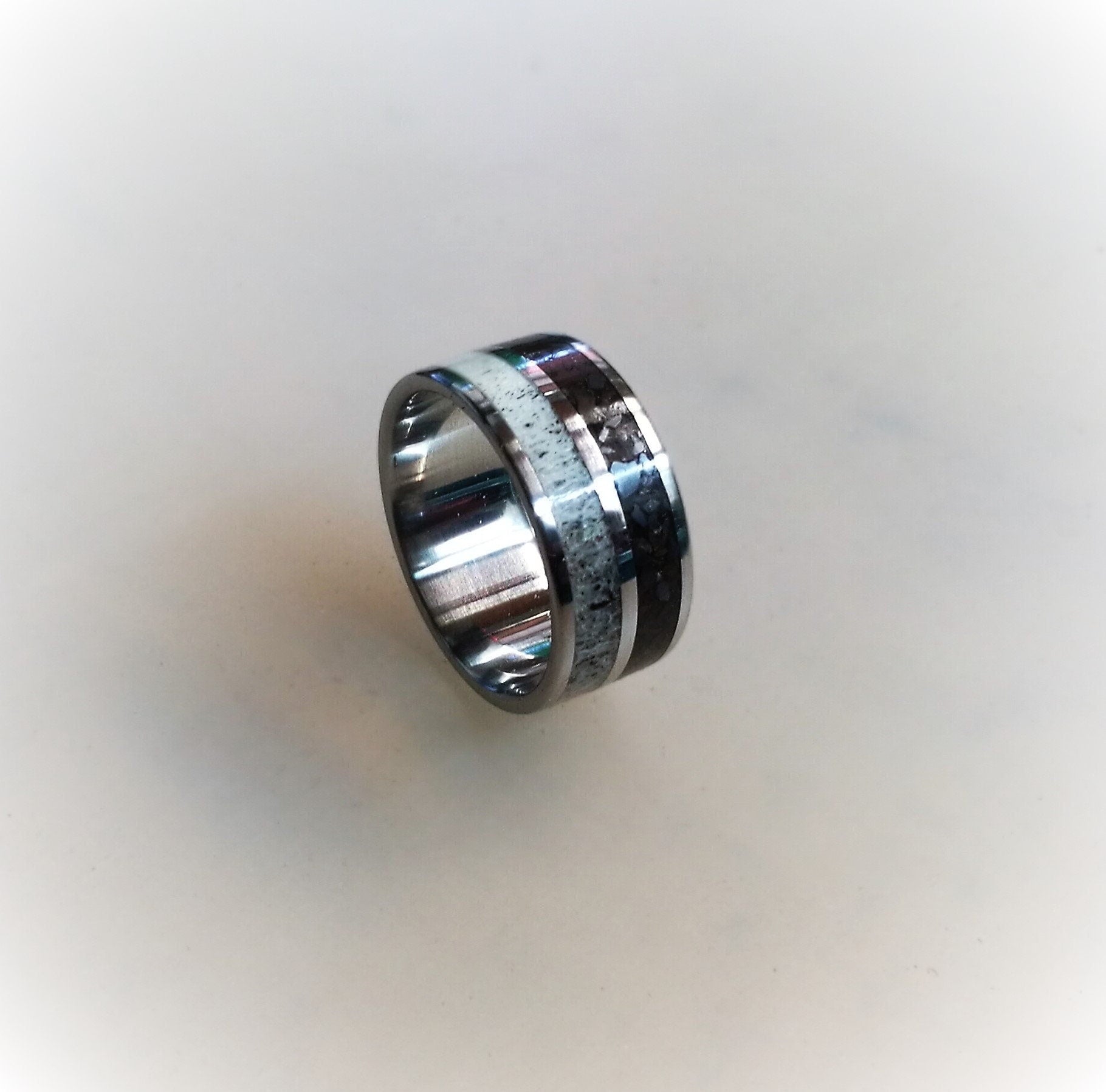 Titanium Wedding Band: Deer Antler & Dinosaur Fossil Inlay