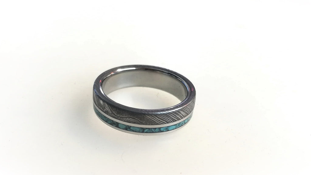 Damascus Steel Engagement Ring: Titanium Ring with Turquoise Inlay