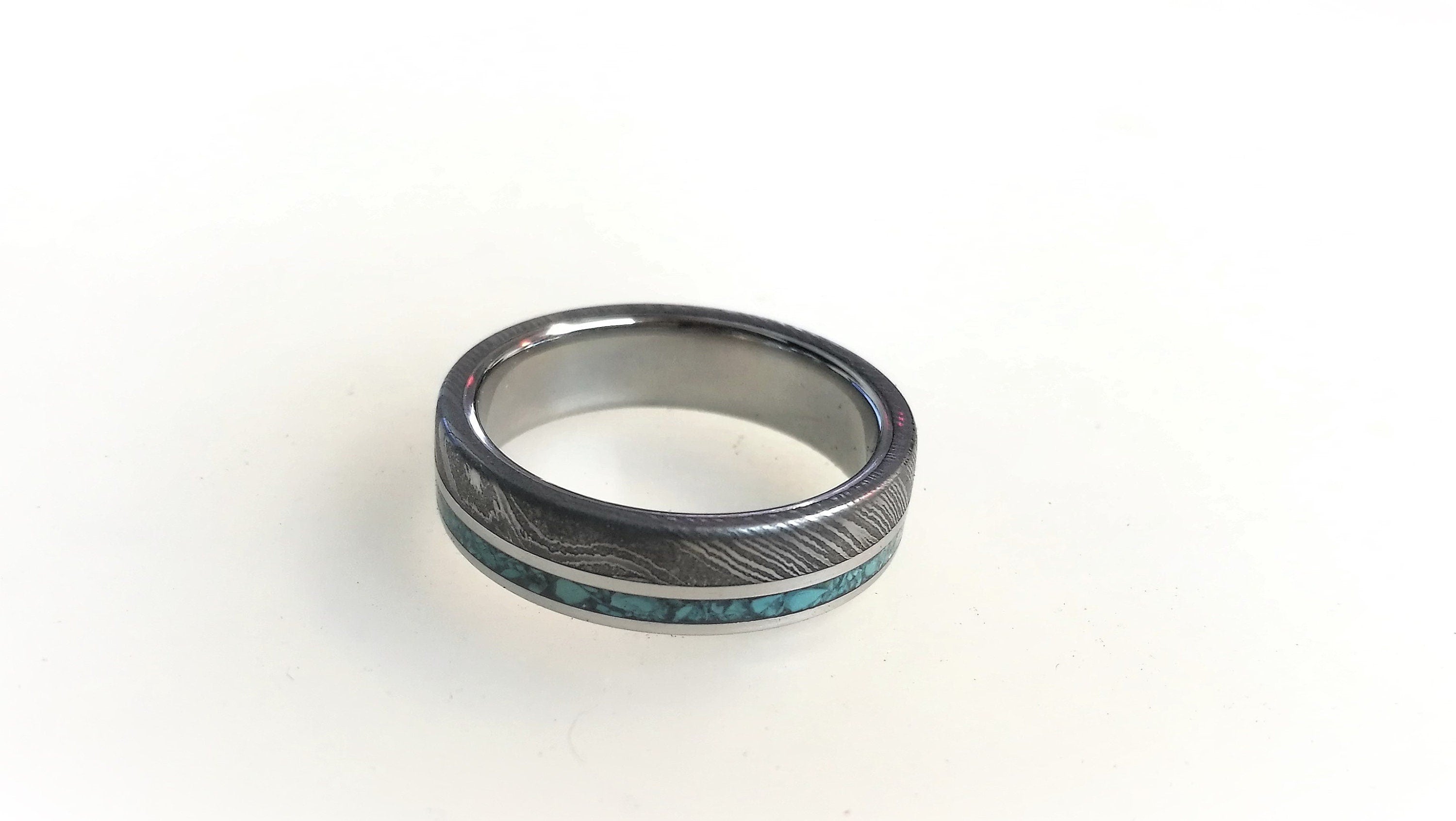Damascus Steel Engagement Ring: Titanium Ring with Turquoise Inlay