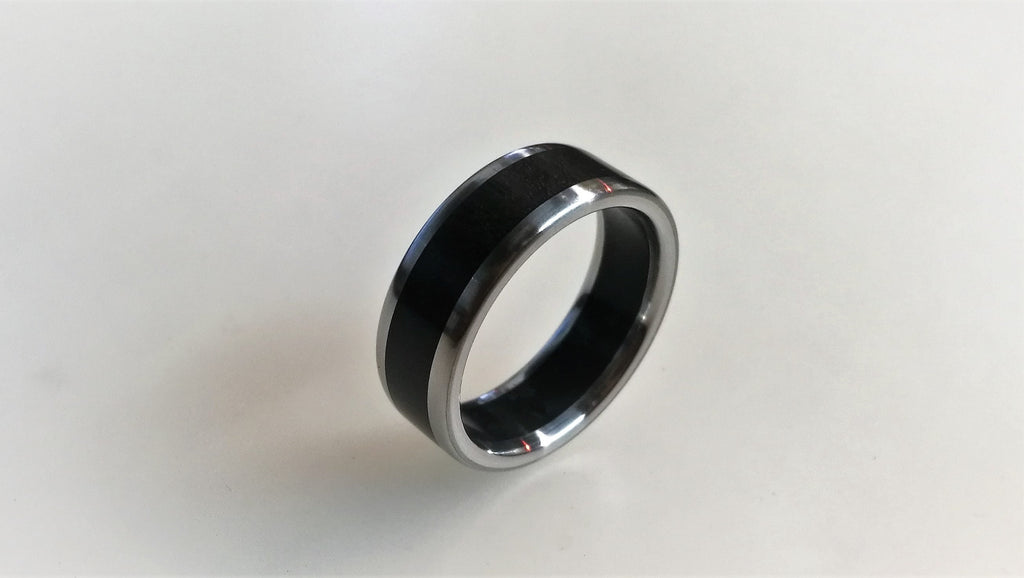 Titanium Ring with Ebony Wood Inlay: Mens Wedding Band