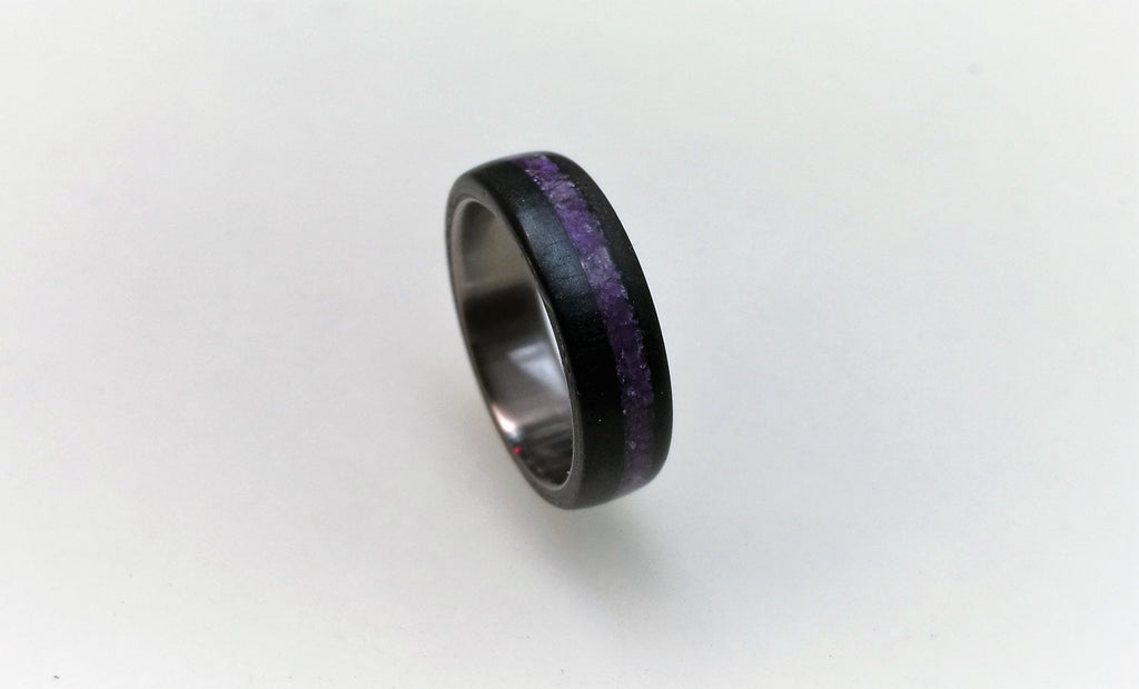 Titanium Ring: Ebony Wood & Amethyst Inlay, Handmade Band