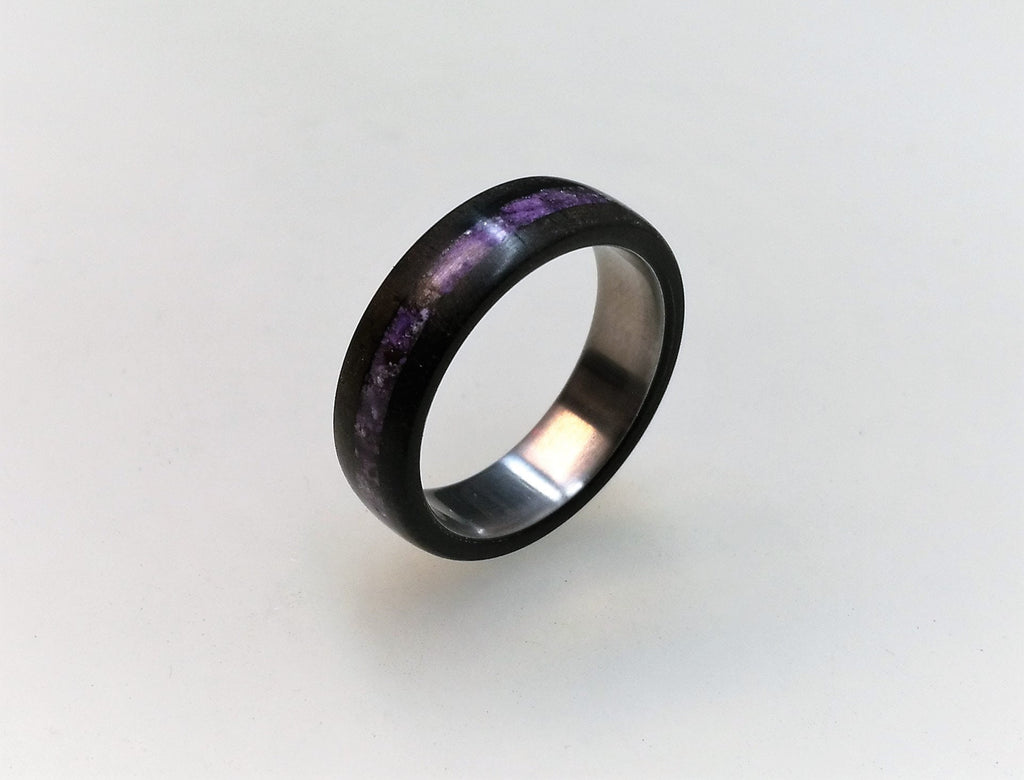 Titanium Ring: Ebony Wood & Amethyst Inlay, Handmade Band