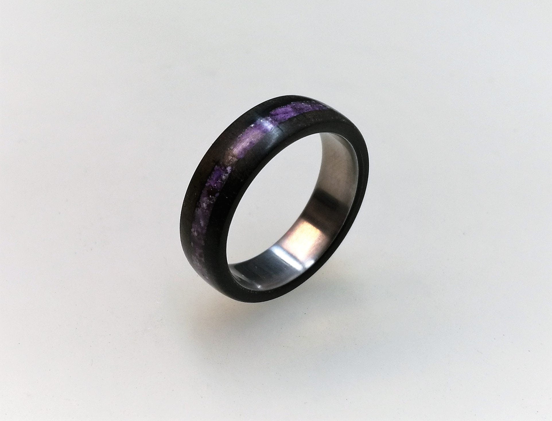 Titanium Ring: Ebony Wood & Amethyst Inlay, Handmade Band
