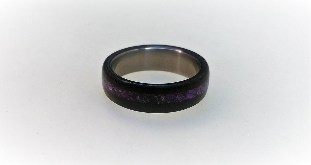 Titanium Ring: Ebony Wood & Amethyst Inlay, Handmade Band