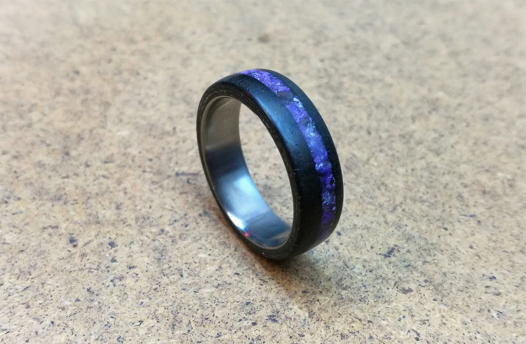 Titanium Ring: Ebony Wood & Amethyst Inlay, Handmade Band