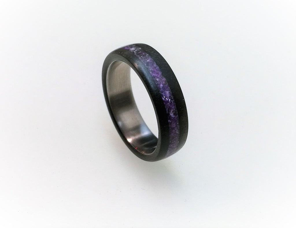 Titanium Ring: Ebony Wood & Amethyst Inlay, Handmade Band