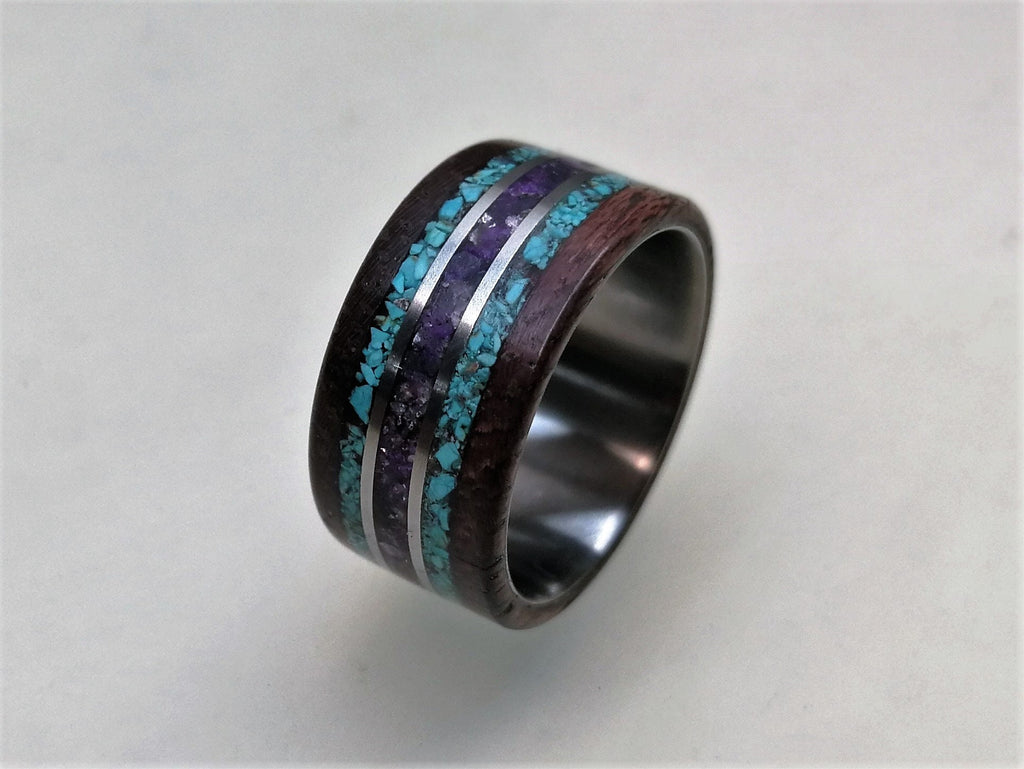 Titanium Wedding Band: Amaranth Wood, Turquoise & Amethyst Inlay