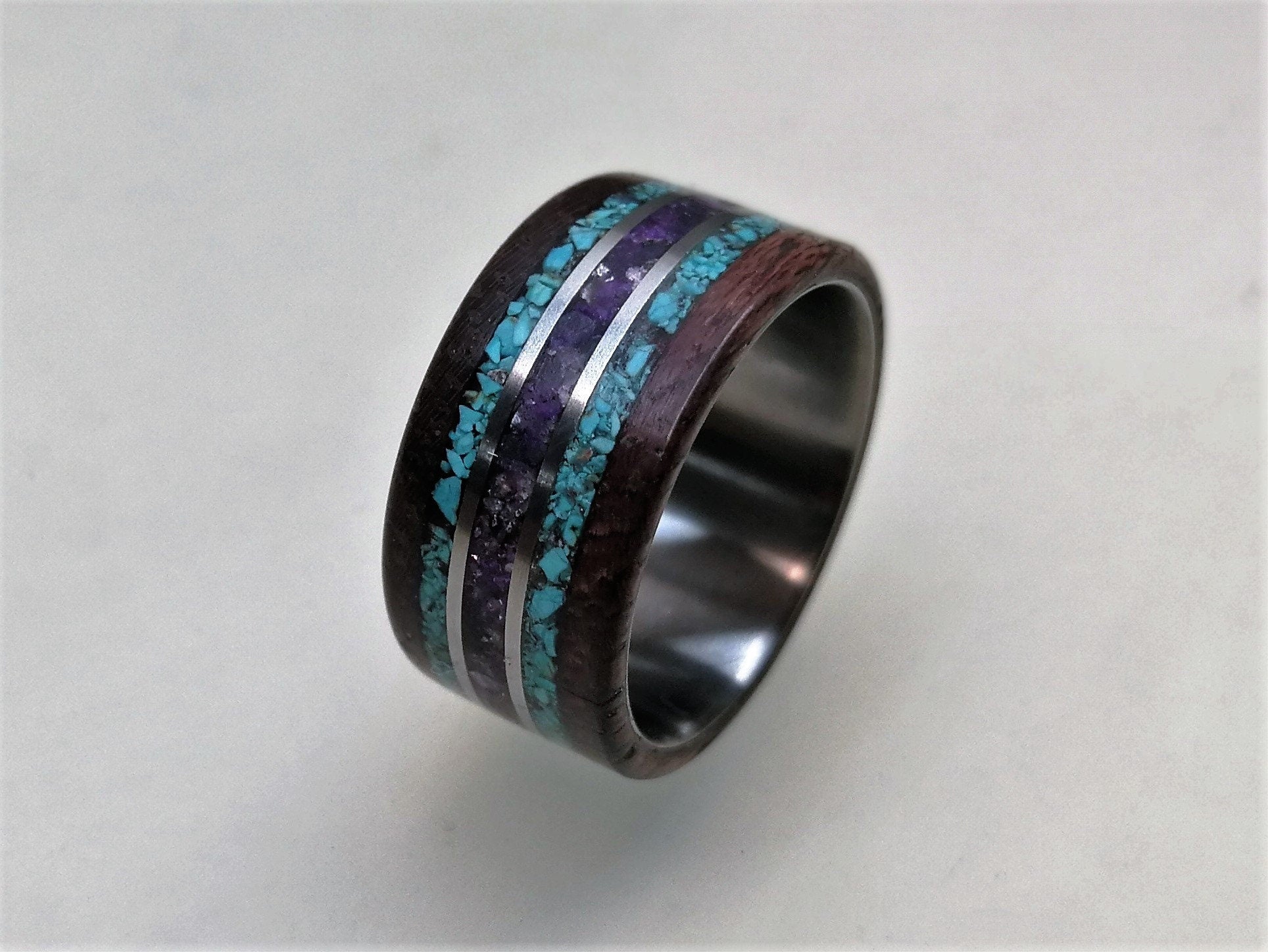 Titanium Wedding Band: Amaranth Wood, Turquoise & Amethyst Inlay