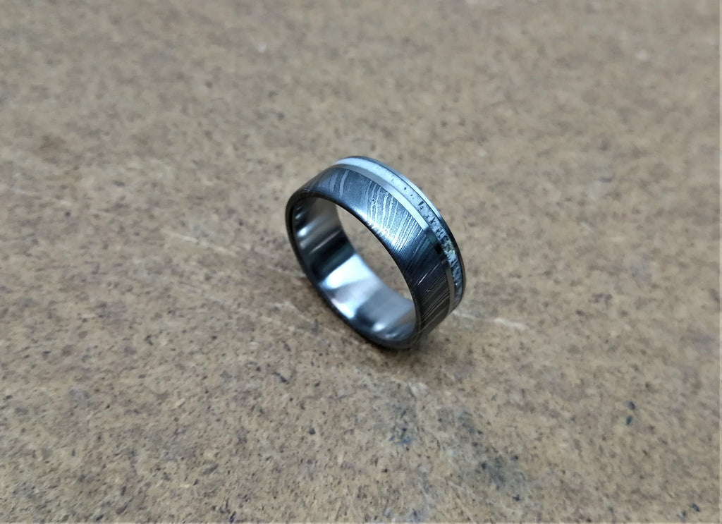Damascus Steel Wedding Band: Titanium Ring with Deer Antler Inlay