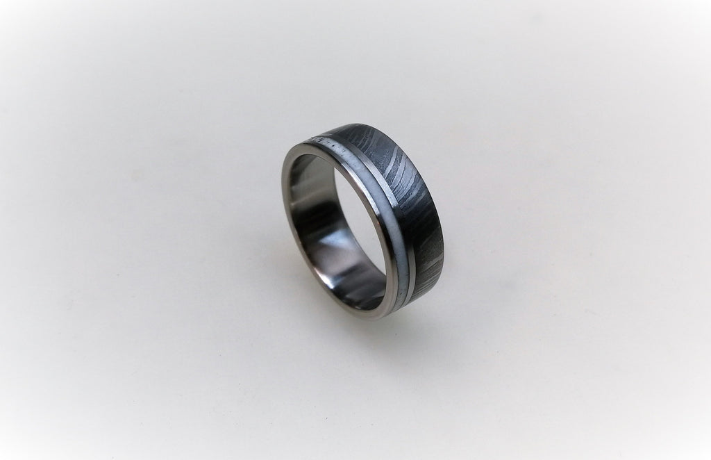 Damascus Steel Wedding Band: Titanium Ring with Deer Antler Inlay