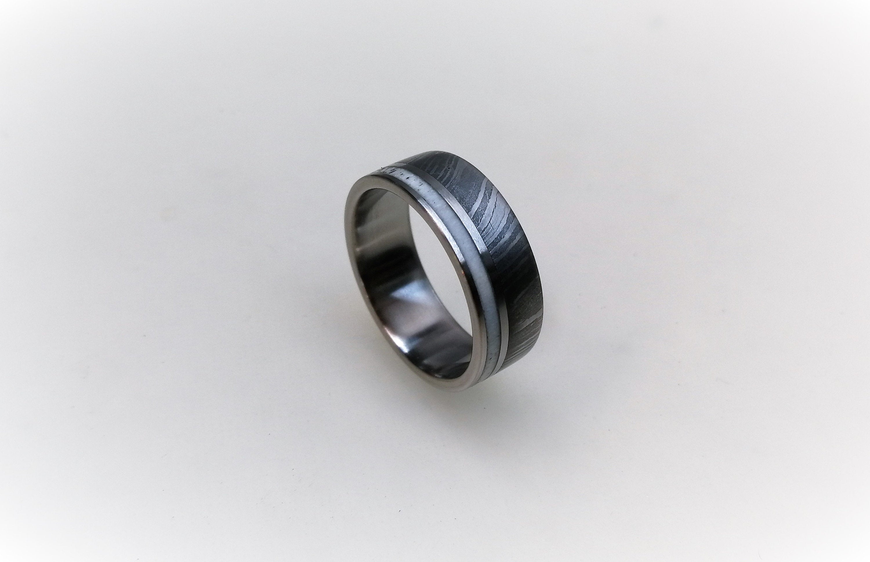 Damascus Steel Wedding Band: Titanium Ring with Deer Antler Inlay