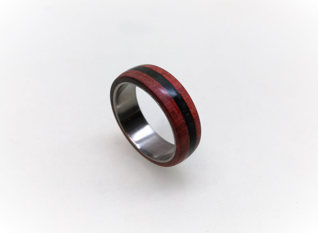 Titanium Ring: Red Heart Wood & Ebony Inlay, Handmade Band