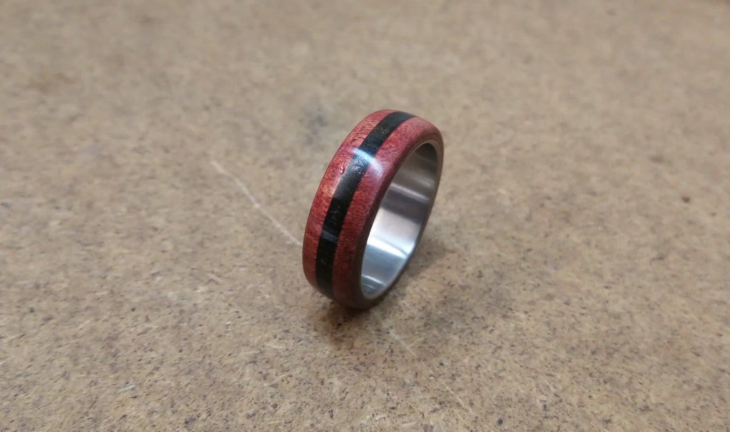 Titanium Ring: Red Heart Wood & Ebony Inlay, Handmade Band