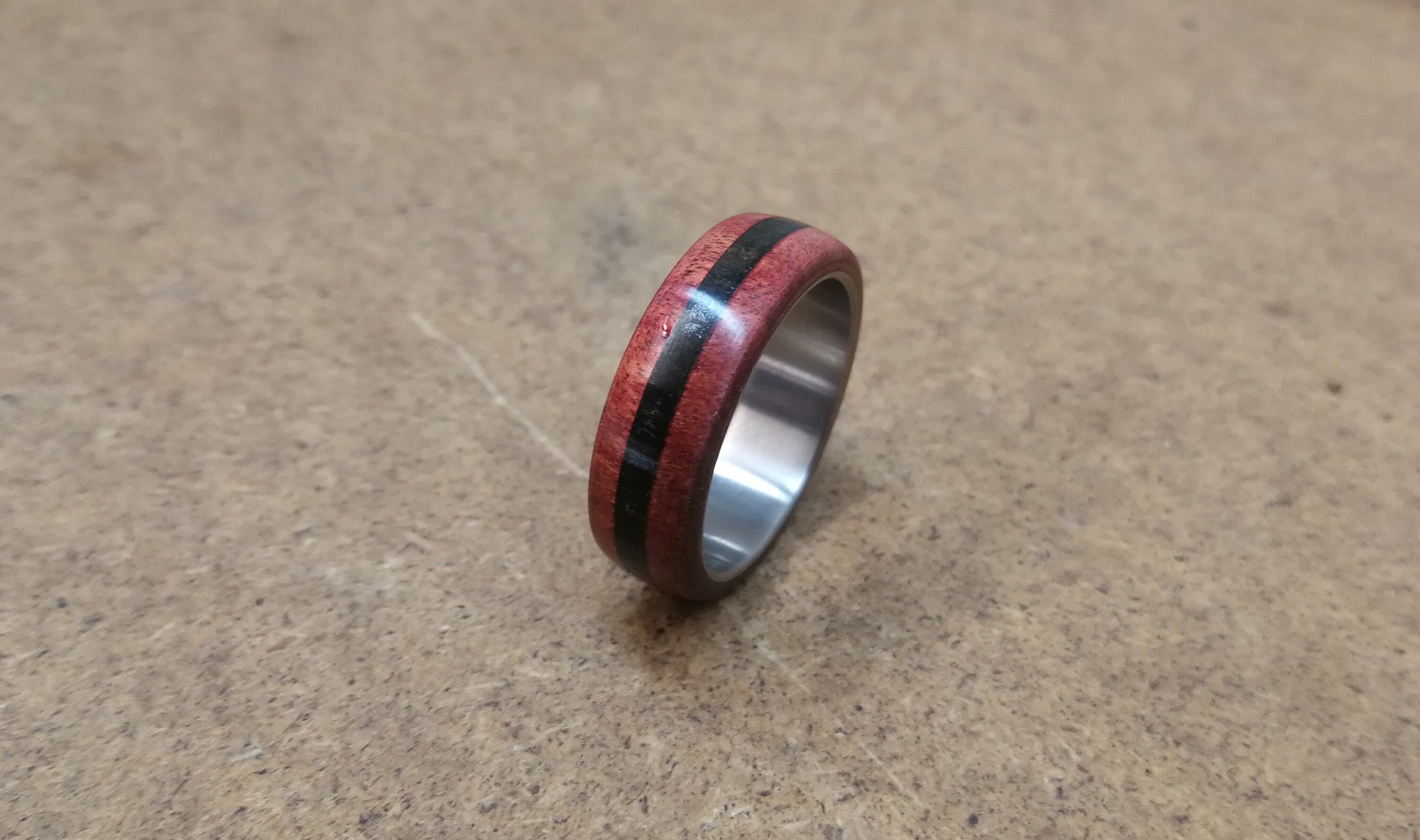 Titanium Ring: Red Heart Wood & Ebony Inlay, Handmade Band