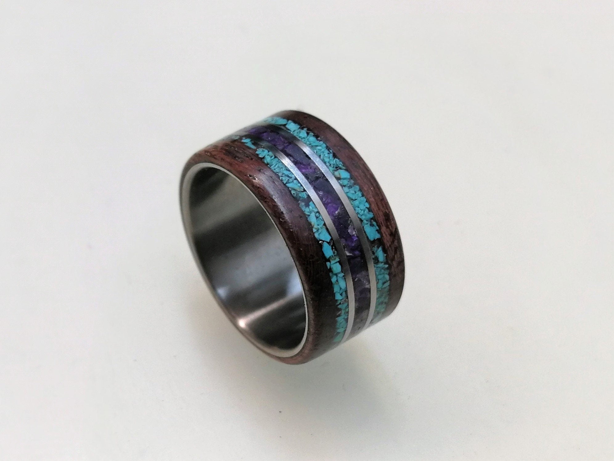 Titanium Wedding Band: Amaranth Wood, Turquoise & Amethyst Inlay
