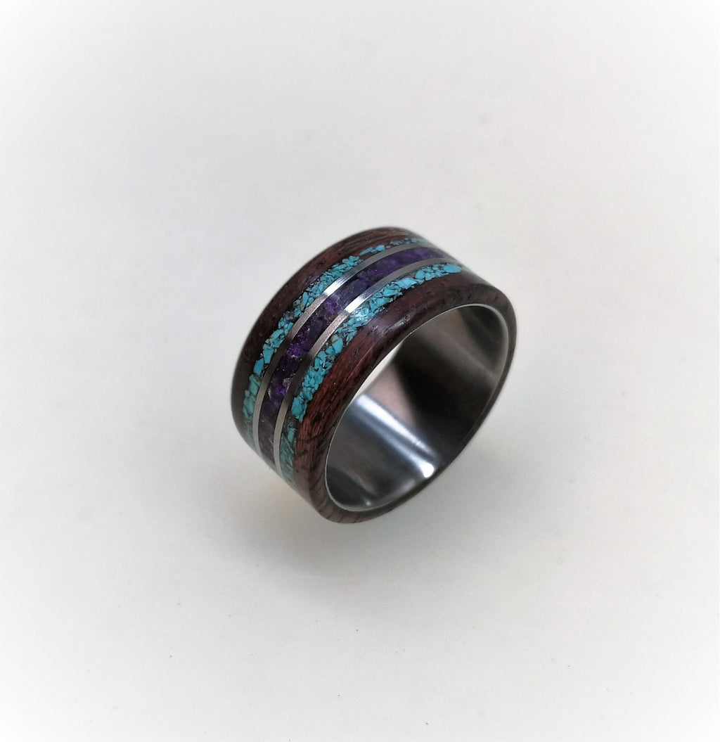 Titanium Wedding Band: Amaranth Wood, Turquoise & Amethyst Inlay