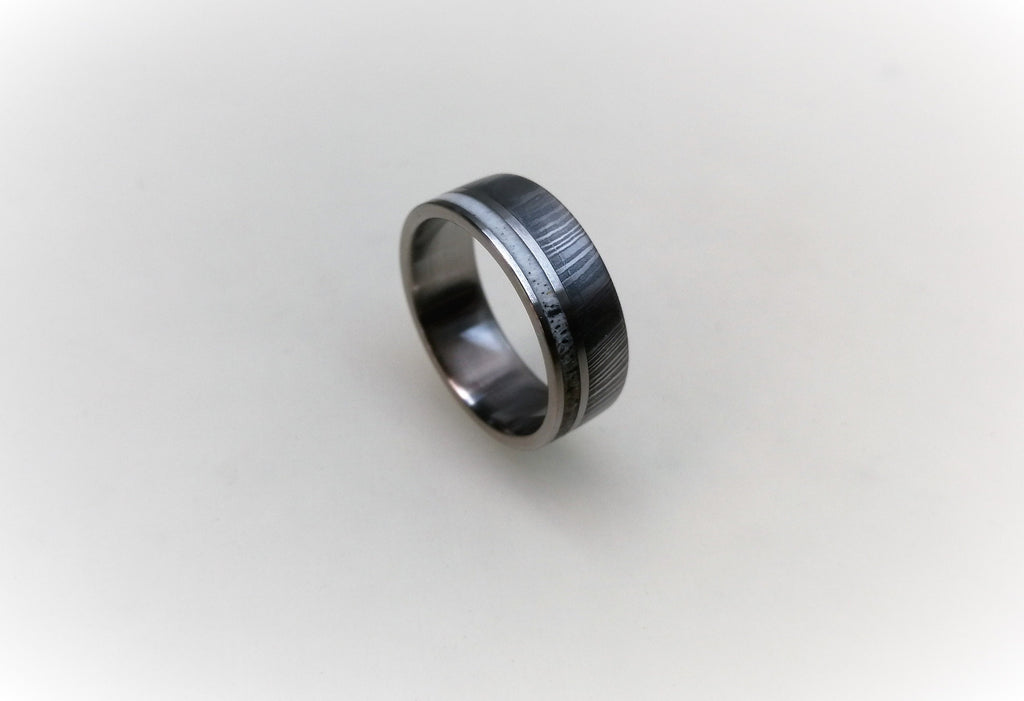 Damascus Steel Wedding Band: Titanium Ring with Deer Antler Inlay