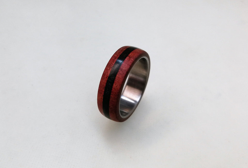 Titanium Ring: Red Heart Wood & Ebony Inlay, Handmade Band