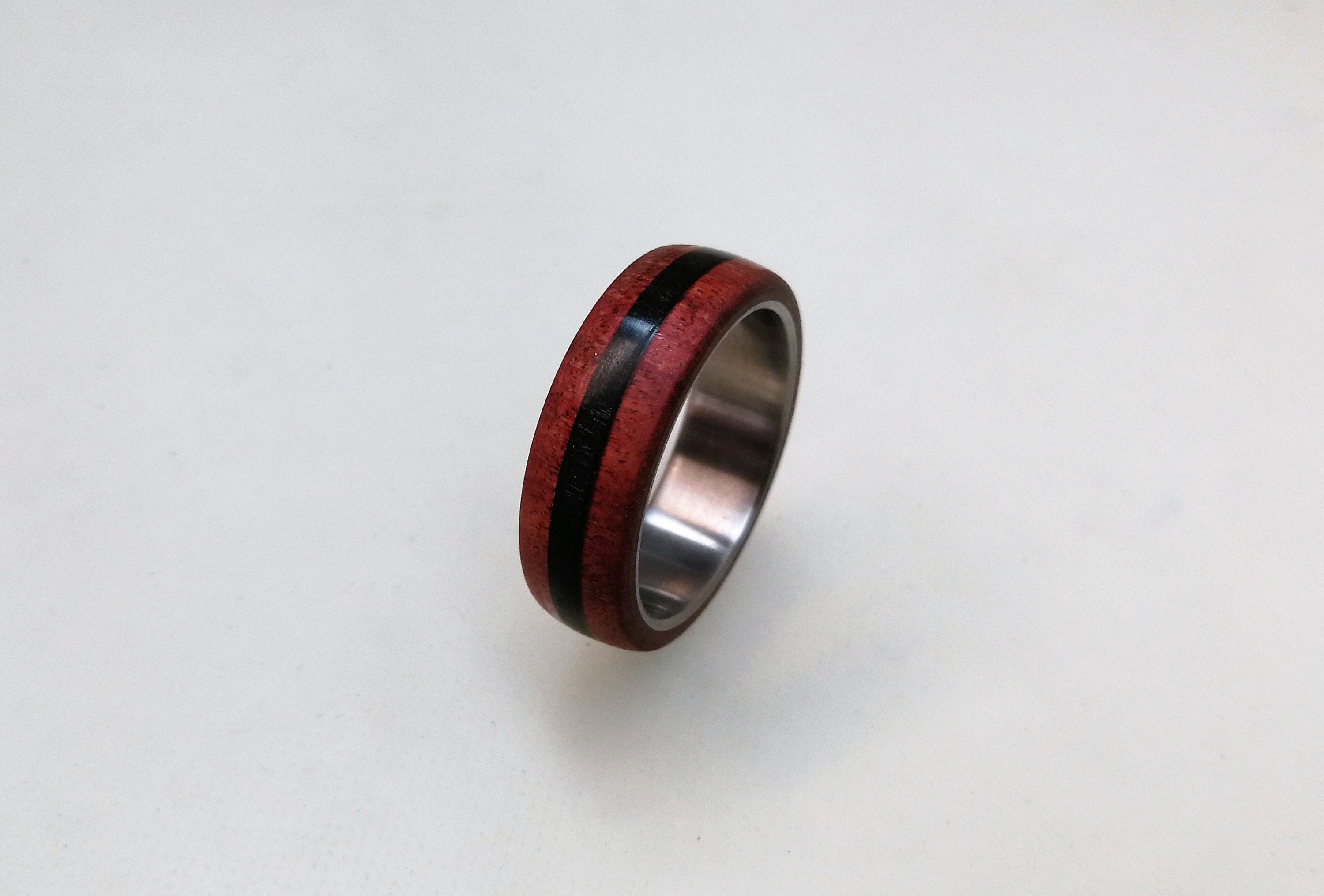 Titanium Ring: Red Heart Wood & Ebony Inlay, Handmade Band