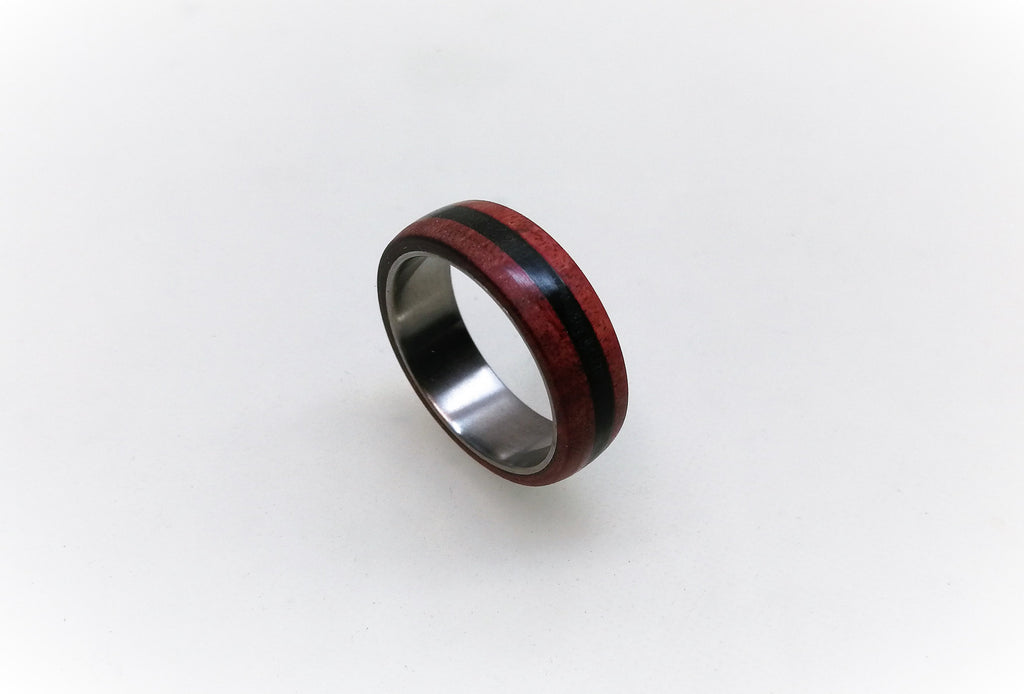 Titanium Ring: Red Heart Wood & Ebony Inlay, Handmade Band