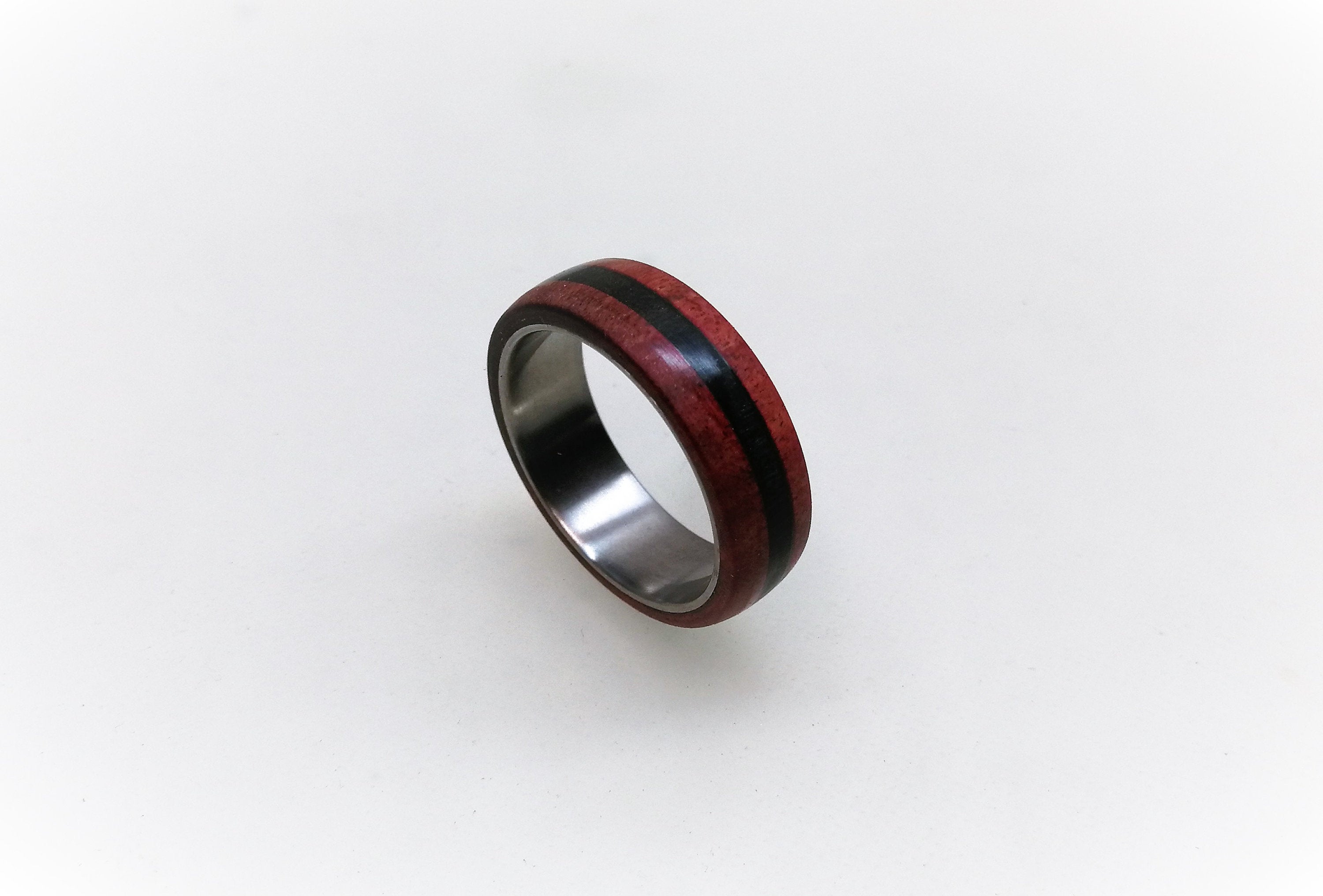 Titanium Ring: Red Heart Wood & Ebony Inlay, Handmade Band