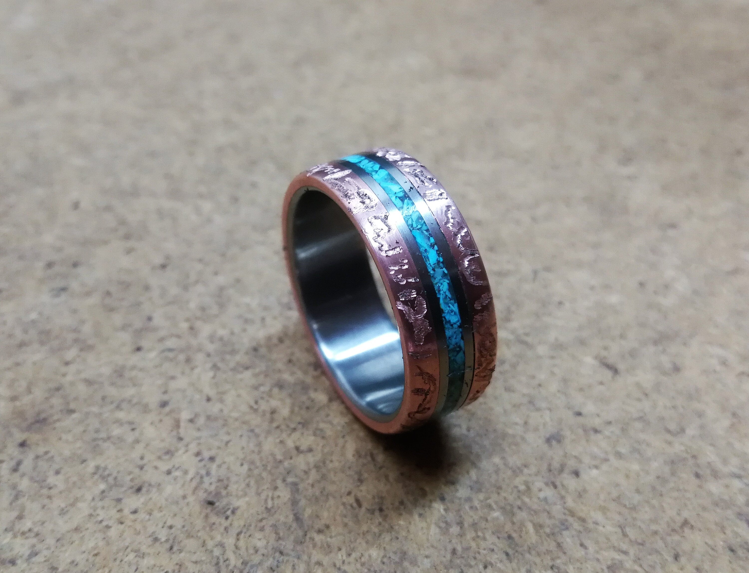Titanium Wedding Band, Patina Copper Turquoise Inlay, Rustic Mens Ring