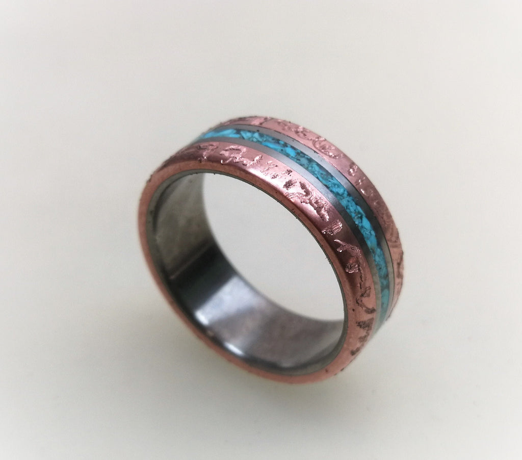 Titanium Wedding Band, Patina Copper Turquoise Inlay, Rustic Mens Ring