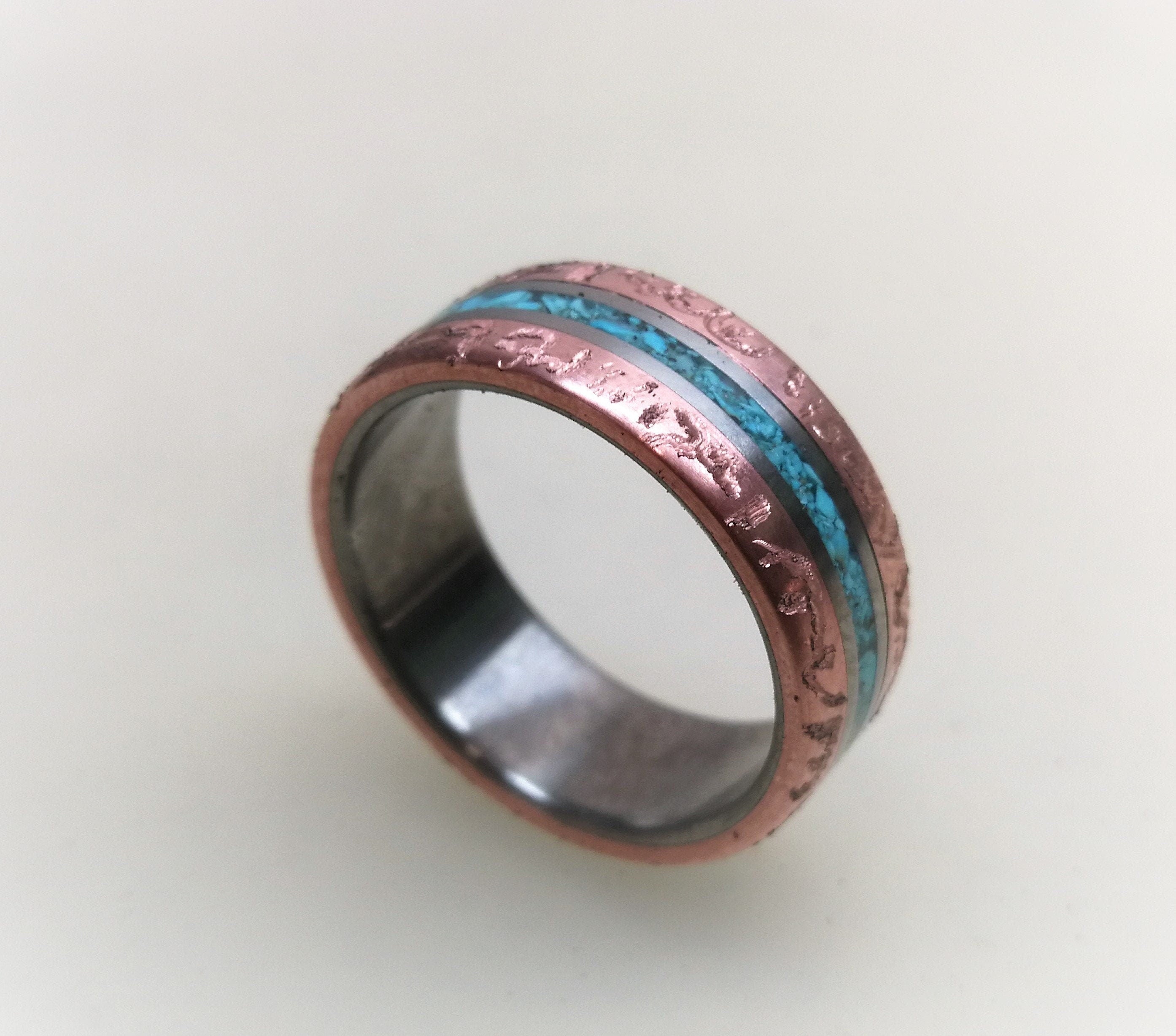 Titanium Wedding Band, Patina Copper Turquoise Inlay, Rustic Mens Ring