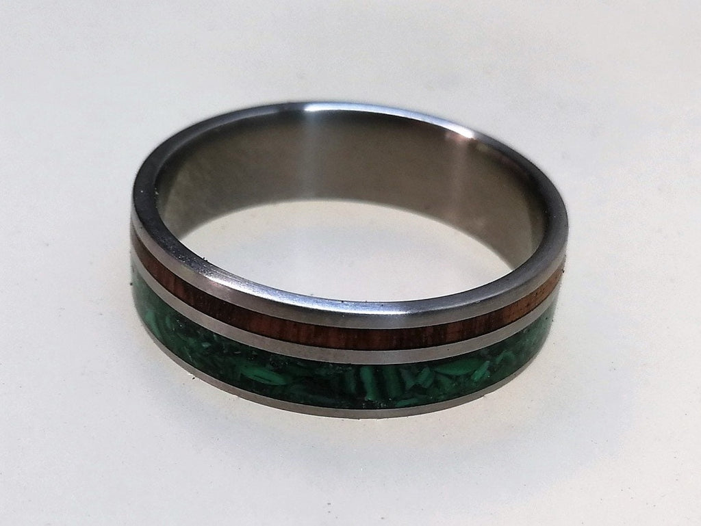 Titanium Ring: Malachite & Snake Wood Inlay, Wooden Wedding Band